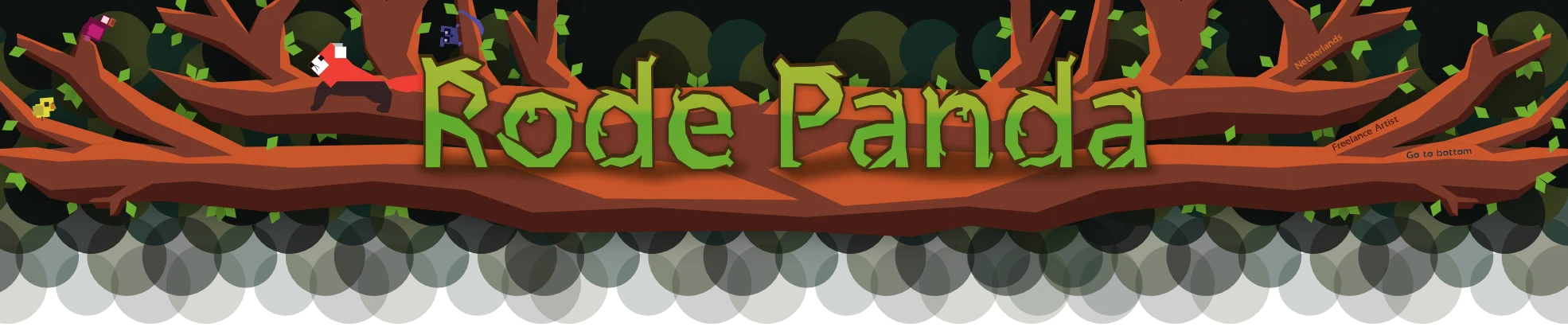 Website header for Rode Panda showing name and tree decorations.